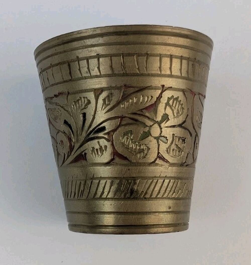 Vintage Brass Shot Glasses Set of 2 Etched Floral Metal Cups India Barware